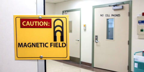 A bright yellow caution sign warns of a magnetic field, positioned in a hospital or laboratory setting, indicating safety precautions are necessary.