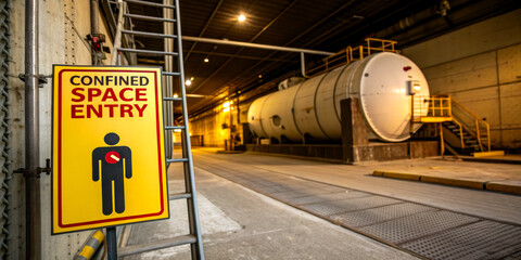 The image shows a "Confined Space Entry" warning sign next to a large industrial tank in a dimly lit facility.