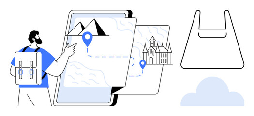 Traveler points at a digital map with location pinpoints, connected to landmarks thumbs up mountains and castles. Ideal for travel planning, exploration, navigation, digital tools, adventures