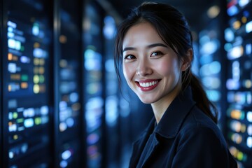 Close portrait of a smiling 40s Japanese female IT worker looking at the camera, against dark server room blurred background.