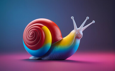 A colorful snail on a pink and blue background.