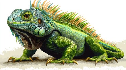 Obraz premium Vibrant green iguana lizard on white background.