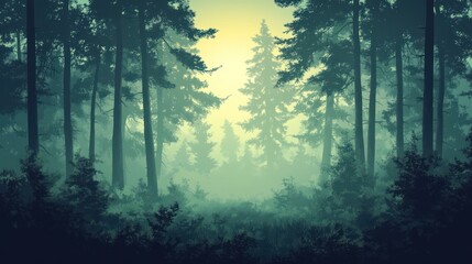 Naklejka premium Misty forest path at sunrise, tall trees, fog.