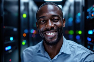 Close portrait of a smiling 40s Kenyan male IT worker looking at the camera, against dark server room blurred background.
