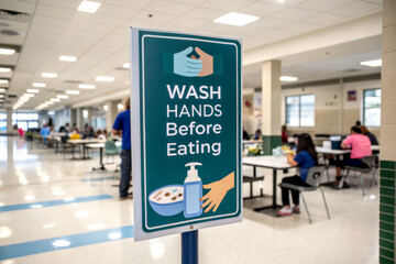 A sign in a cafeteria encourages handwashing before eating, promoting hygiene in a busy dining area with people seated at tables.
