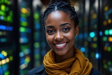 Close portrait of a smiling 40s Kenyan female IT worker looking at the camera, against dark server room blurred background.