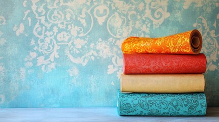 A stack of colorful decorative rolls against a textured background.