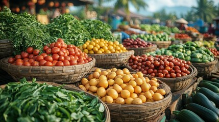 Vibrant market filled with fresh vegetables and local vendors during a sunny day in a bustling area