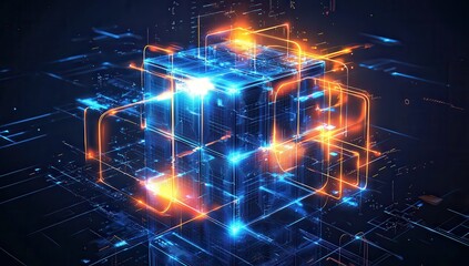 A glowing blue and orange futuristic cube with interconnected blocks