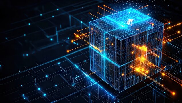 A glowing blue and orange futuristic cube with interconnected blocks