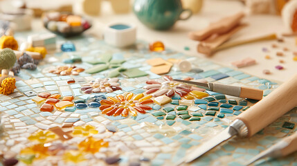 Mosaic crafting supplies arranged on colorful tile surface, showcasing creativity and artistry
