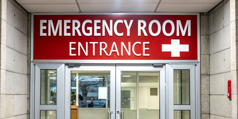 A bright red sign indicating the entrance to an emergency room, emphasizing urgency and medical care.