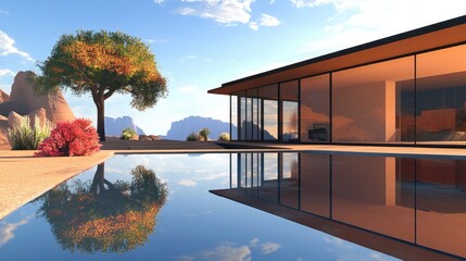 Modern desert house with pool reflecting landscape.