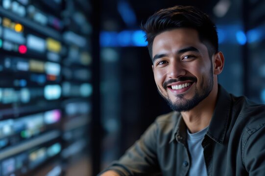 Close portrait of a smiling 40s Lao male IT worker looking at the camera, against dark server room blurred background. - Powered by Adobe
