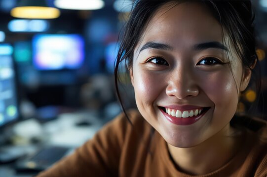 Close portrait of a smiling 40s Lao female IT worker looking at the camera, against dark server room blurred background.