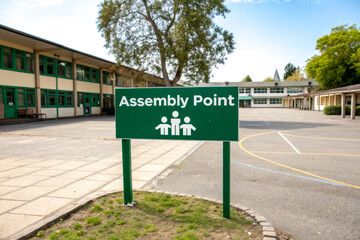 A green sign labeled "Assembly Point" stands in a vacant school yard, surrounded by buildings and trees under a clear sky.