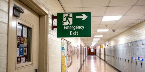 A green sign indicating the emergency exit is positioned in a school hallway, with lockers lining the walls and a door visible nearby.