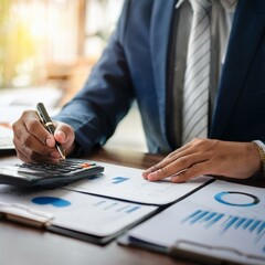Close up hands businessman doing finances with using calculator and writing note in office. 