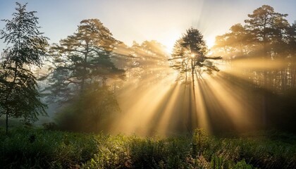 Fototapeta premium Misty Sunrise Crepuscular Rays Illuminating Evergreen Forest