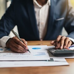 Naklejka premium Close up hands businessman doing finances with using calculator and writing note in office. 
