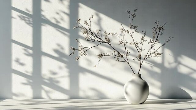 Large windows letting in sunlight to illuminate an empty white room with a tree outside, casting beautiful shadows background