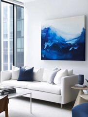 Abstract Blue Wave Canvas Art Adorns Modern Living Room
