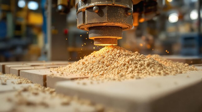 Metal Powder Sintering. A machine sintering metal powder into a solid form, showing the process of additive manufacturing.