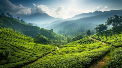 Fototapeta premium Lush Green Tea Plantation Landscape Under Soft Morning Light