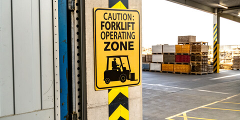 A caution sign warns about a forklift operating zone, with stacked pallets visible in the background of a warehouse or loading area.
