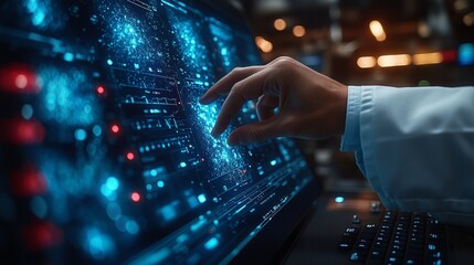 Hand interacts with a futuristic, data-rich digital interface on a large monitor.