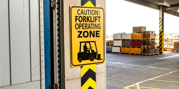 A caution sign warns about a forklift operating zone, with stacked pallets visible in the background of a warehouse or loading area.