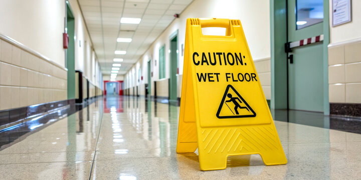 A yellow caution sign warns of a wet floor in a clean, brightly lit hallway, promoting safety and awareness to prevent slips and falls.