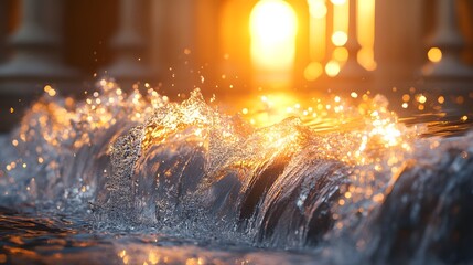 Overwhelm: The Fusion of Nature's Power and Artistry in a Luminous Tide Cascading Over an Ornate Structure
