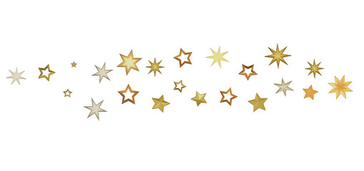 A digital illustration of golden stars on a black background, with varying sizes and shades of gold.