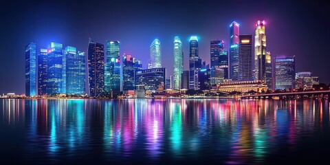 Fototapeta premium A vibrant city skyline illuminated at night, reflecting colorful lights on the water, showcasing modern architecture and a lively urban atmosphere.