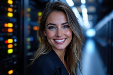 Close portrait of a smiling 40s Lithuanian female IT worker looking at the camera, against dark...