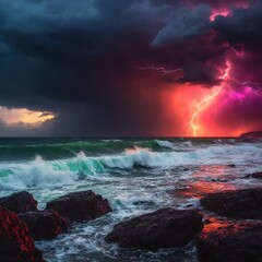 Fototapeta premium Dark stormy sea with dramatic sky and lightnings