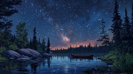 Fototapeta premium Serene night scene with a canoe on a calm lake under a starry sky.