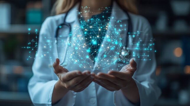 Doctor holding a digital global network representing healthcare connectivity and technology.