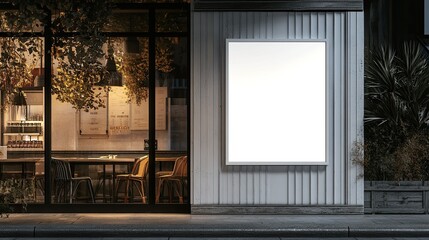 Urban cafe exterior with blank advertising board at night scene