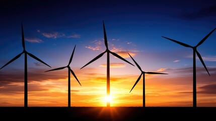 Sunset behind wind turbines creating renewable energy scenic landscape nature setting aesthetic viewpoint