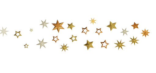 Golden stars arranged in a line against a black background. The stars are of different sizes and shapes, and they sparkle and glitter.
