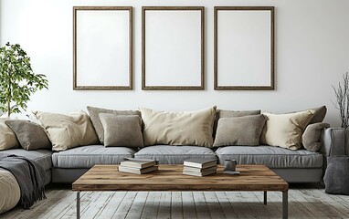 Modern living room interior with gray sofa, wooden coffee table, three empty frames, and pillows.