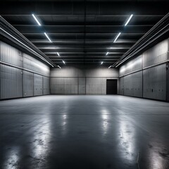 Obraz premium stock photo features a dimly lit, empty concrete garage with gray walls.