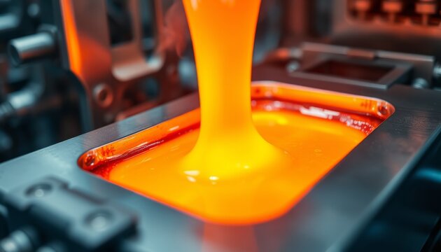 Molten Metal Flow. Close-up of glowing orange liquid metal being poured into industrial casting mold against dark manufacturing background.
