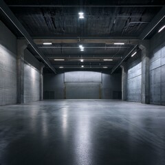 stock photo features a dimly lit, empty concrete garage with gray walls.