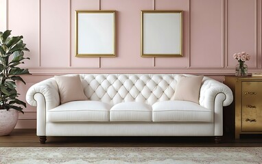 Elegant white sofa with pink walls, gold frames, and blush pink accents in a living room.