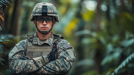 Fototapeta premium Soldier standing in autumn forest with rifle during cloudy day
