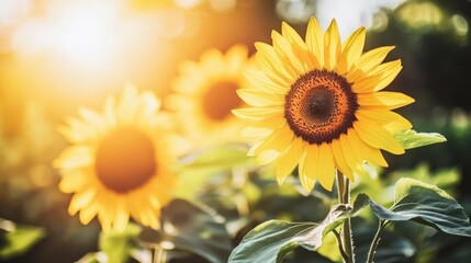 Fototapeta premium Three bright yellow sunflowers bask in the warm sunlight of a summer day.