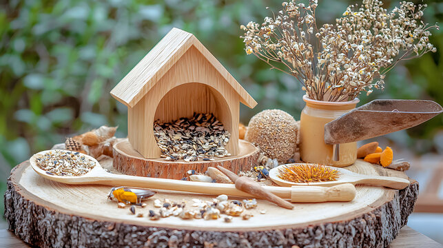 wooden insect house filled with seeds, surrounded by natural decor and tools